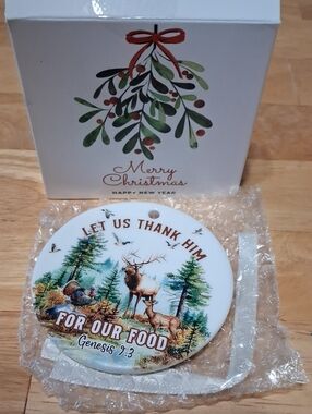 White Ceramic Deer Holiday Ornament with Scripture
